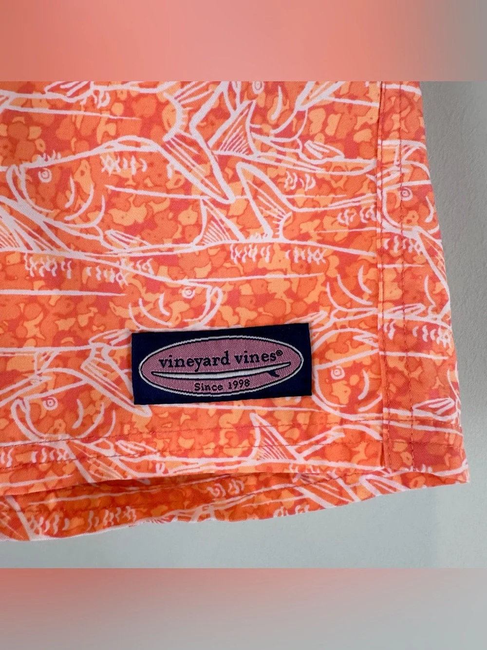 Vineyard Vines Boy’s Orange White Fish Print Tie Swim Beach Board Shorts Small